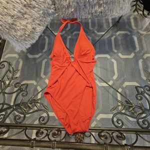 Carmen Marc Valvo Red Halter One-Piece Swimsuit